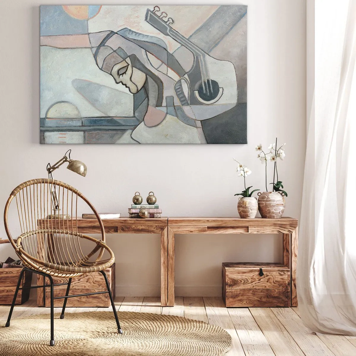Obraz na plátne - Abstraktná postava s gitarou v pastelových farbách. - 70x50cm - V moci hudby - Moderná nástenná dekorácia do obývacej izby a spálne ARTTOR