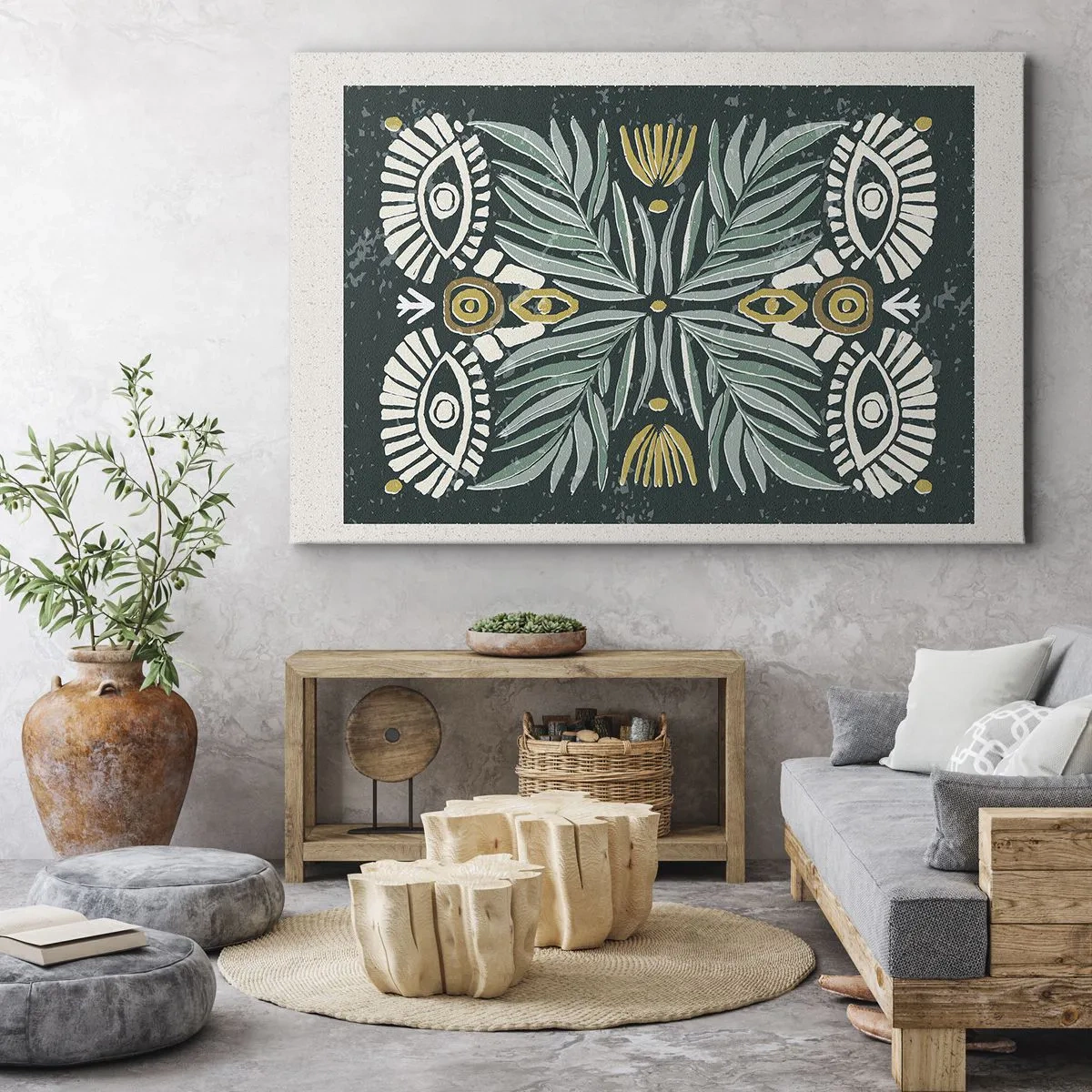 Obraz na plátne - Symetrický rastlinný vzor na zelenom pozadí - 70x50cm - Ako ľudová vystrihovačka - Moderná nástenná dekorácia do obývacej izby a spálne ARTTOR