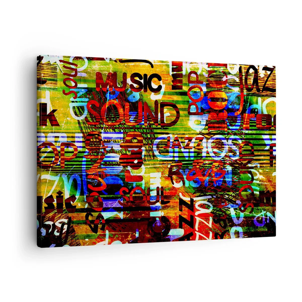 Obraz na plátne - Farebná abstrakcia s hudobnými nápismi v štýle pop art - 70x50cm - Všetky farby tónu - Moderná nástenná dekorácia do obývacej izby a spálne ARTTOR