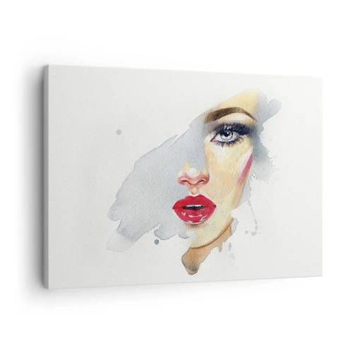 Obraz na plátne - Akvarelová portrét ženy s intenzívnym pohľadom. - 70x50cm - Odraz v kvapke vody - Moderná nástenná dekorácia do obývacej izby a spálne ARTTOR