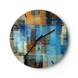 Nástenné hodiny - Abstraktné obdĺžniky v odtieňoch modrej a hnedej - 30x30cm - Cez modrý závoj - Moderná nástenná dekorácia do obývacej izby, kuchyne a spálne ARTTOR