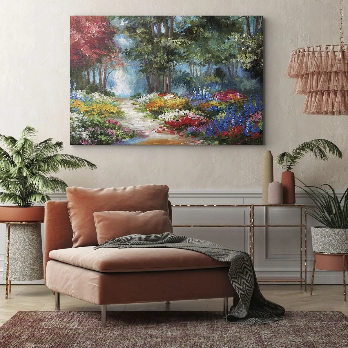Obraz na plátne - Malebná záhrada plná farebných kvetov a stromov v lesnom prostredí - 70x50cm - Lesná záhrada, kvetinový les - Moderná nástenná dekorácia do obývacej izby a spálne ARTTOR
