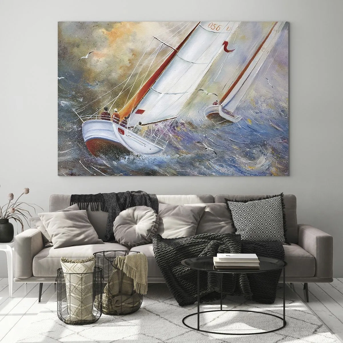 Obraz na skle - Plachetnice v rozbúrenom mori počas regaty - 70x50cm - Bežiace cez vlny - Moderná nástenná dekorácia do obývacej izby a spálne ARTTOR