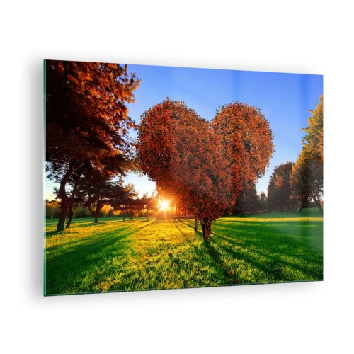 Obraz na skle - Strom v tvare srdca na pozadí zapadajúceho slnka - 70x50cm - Ako nemilovať jeseň - Moderná nástenná dekorácia do obývacej izby a spálne ARTTOR