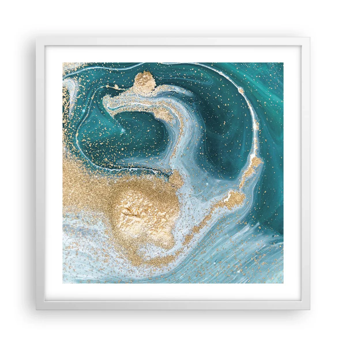 Plagát v bielom ráme - Vír zlatej a tyrkysovej - 50x50 cm