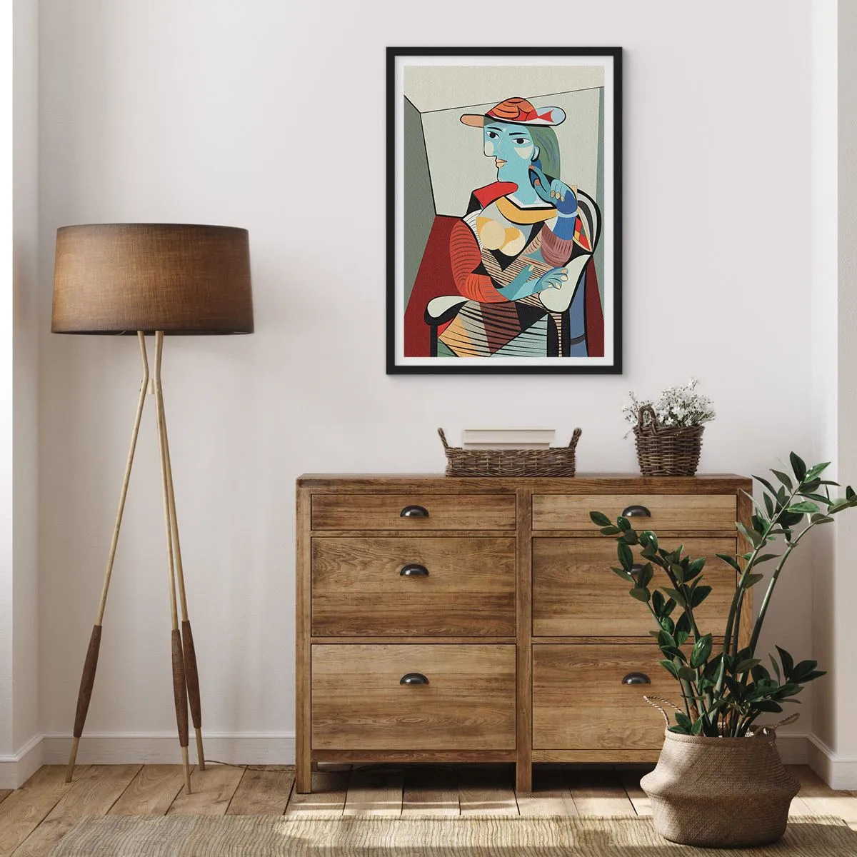 Plagát v čiernom ráme - Kubistický portrét ženy v klobúku - 50x70cm - Očami Picassa - Moderná nástenná dekorácia do obývacej izby a spálne ARTTOR