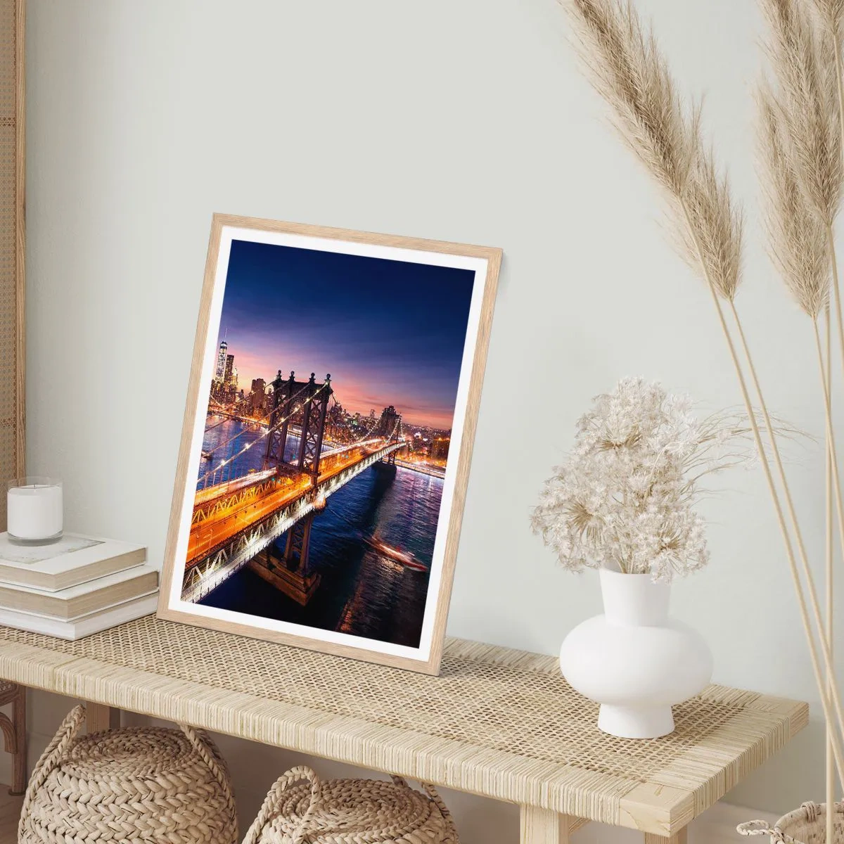 Plagát v ráme zo svetlého duba - Žiariaci most do srdca mesta - 70x100 cm