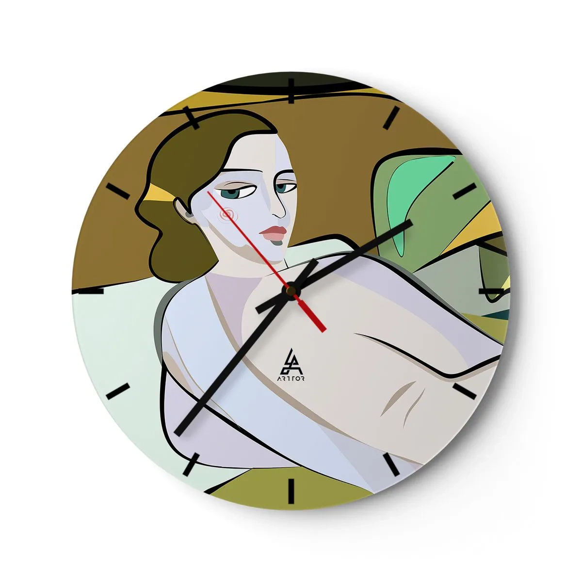 Nástenné hodiny - Ženská postava v kubistickom štýle na abstraktnom pozadí - 30x30cm - Intímny portrét - Moderná nástenná dekorácia do obývacej izby, kuchyne a spálne ARTTOR