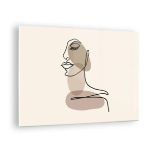 Obraz na skle - Portrét ženskej tváre v minimalistickom, abstraktnom štýle - 70x50cm - Pri počúvaní samého seba - Moderná nástenná dekorácia do obývacej izby a spálne ARTTOR