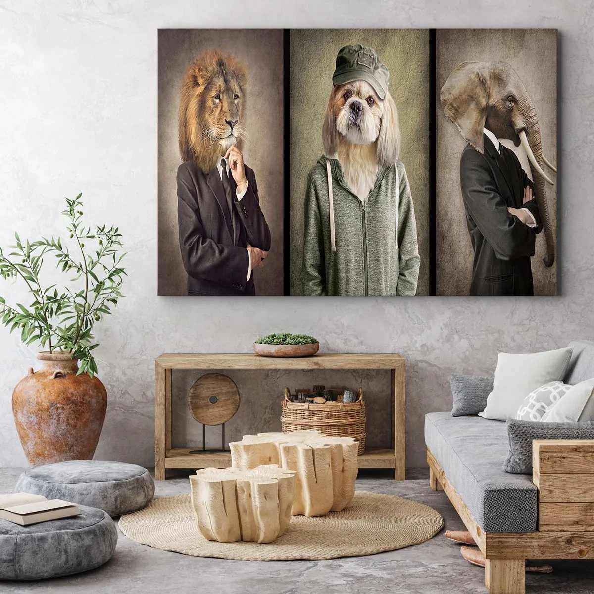 Obraz na plátne - Štylizované portréty leva, psa a slona v elegantnom oblečení - 70x50cm - Mám radšej kľud - Moderná nástenná dekorácia do obývacej izby a spálne ARTTOR