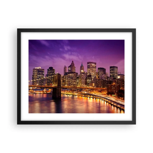 Plagát v čiernom ráme - Fialovo-zlatý Manhattan - 50x40 cm