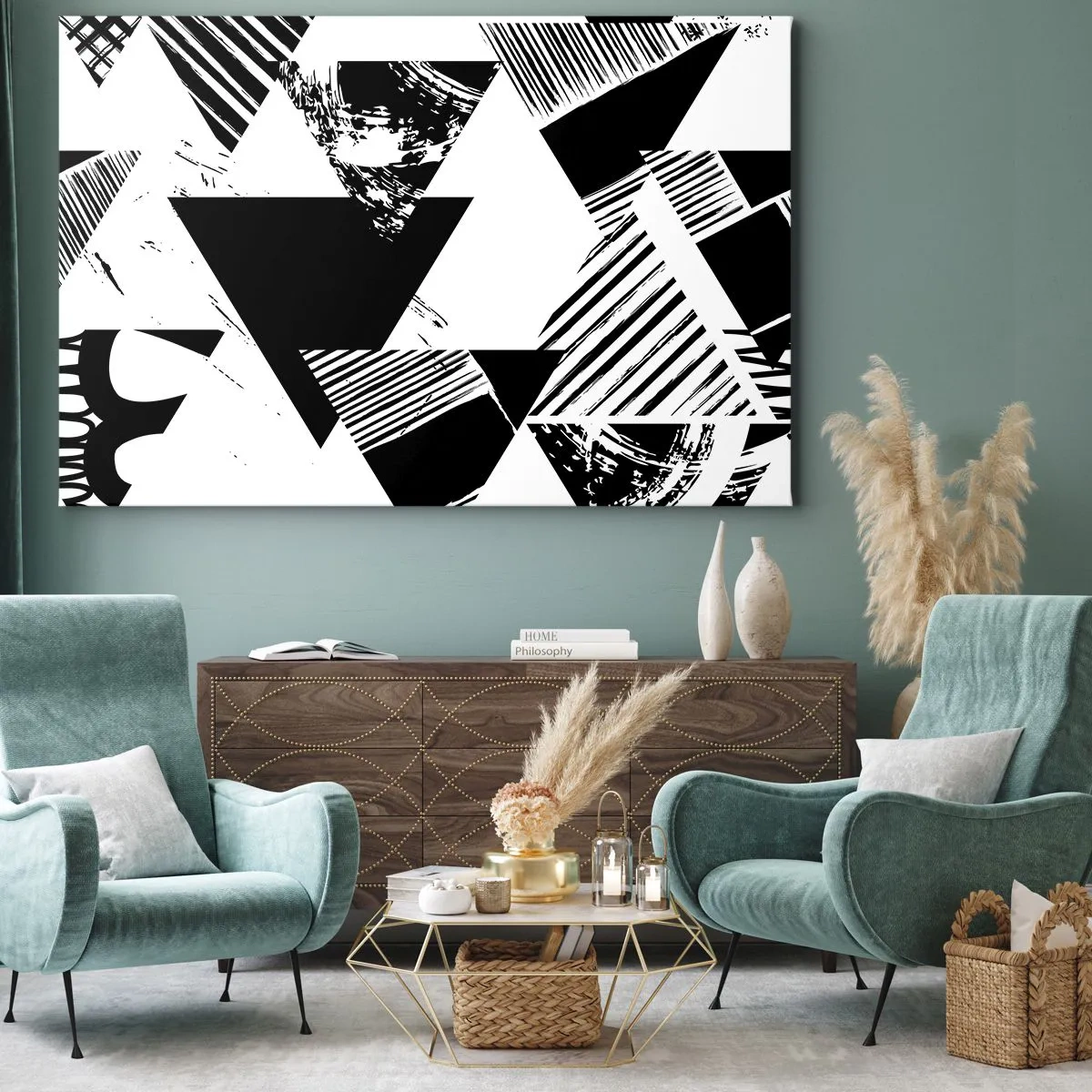 Obraz na plátne - Geometrické vzory v čiernobielej minimalistickej podobe - 70x50cm - Dážď trojuholníkov - Moderná nástenná dekorácia do obývacej izby a spálne ARTTOR