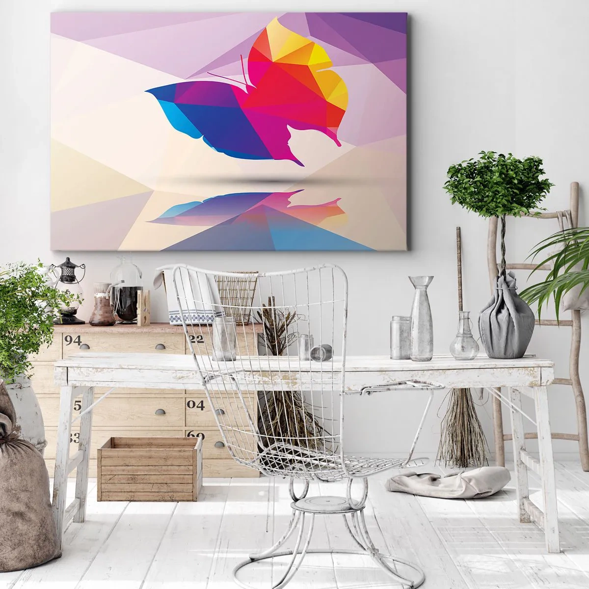 Obraz na plátne - Geometrická silueta motýľa v žiarivých farbách - 70x50cm - Motýlia dúha - Moderná nástenná dekorácia do obývacej izby a spálne ARTTOR