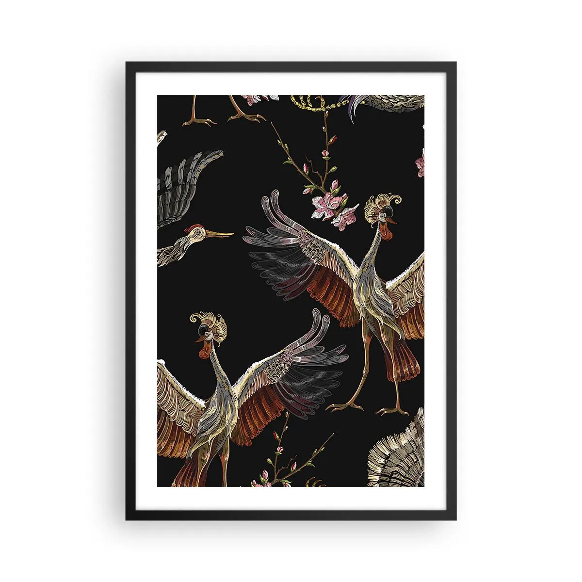 Plagát v čiernom ráme - Elegantné žeriavy medzi kvetmi na čiernom pozadí, v orientálnom štýle. - 50x70cm - Rozprávkový vták - Moderná nástenná dekorácia do obývacej izby a spálne ARTTOR