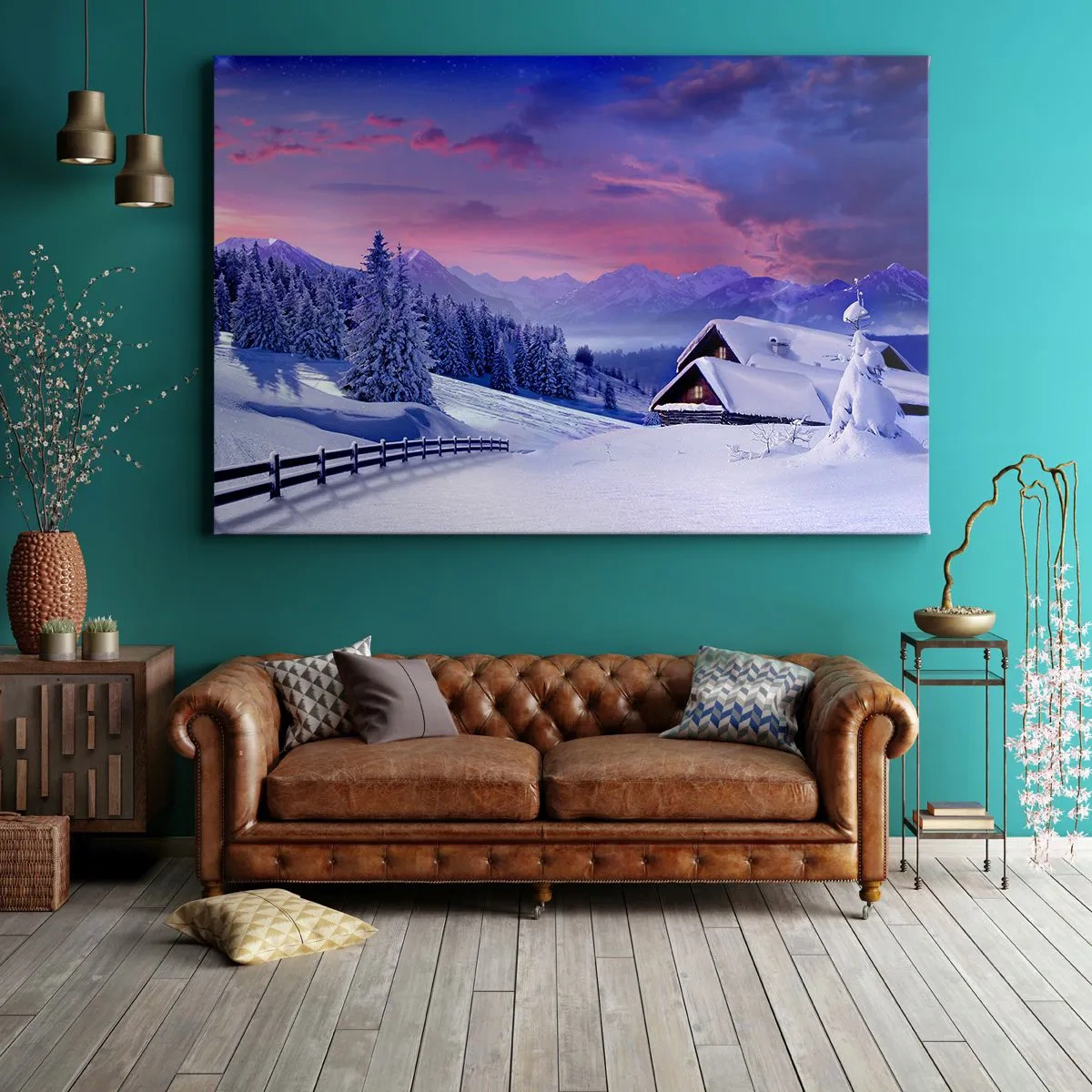 Obraz na plátne - Zimná krajina s horskými chatkami pri západe slnka - 70x50cm - Tichá noc - Moderná nástenná dekorácia do obývacej izby a spálne ARTTOR