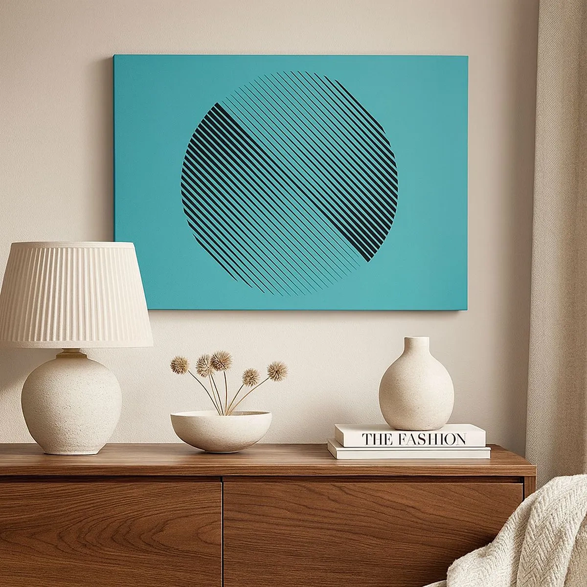 Obraz na plátne - Minimalistický kruh s čiarami na tyrkysovom pozadí. - 70x50cm - Kruh – geometrická variácia - Moderná nástenná dekorácia do obývacej izby a spálne ARTTOR