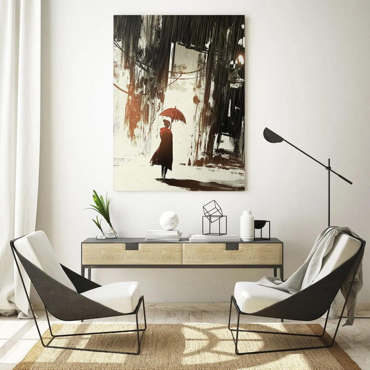 Obraz na skle - Poézia červeného dáždnika - 50x70 cm