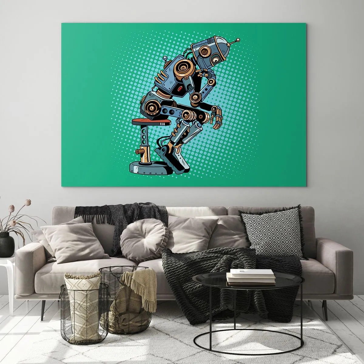 Obraz na skle - Robotický mysliteľ na pozadí so zeleným pop artovým vzorom. - 70x50cm - Nad podstatou bytia - Moderná nástenná dekorácia do obývacej izby a spálne ARTTOR