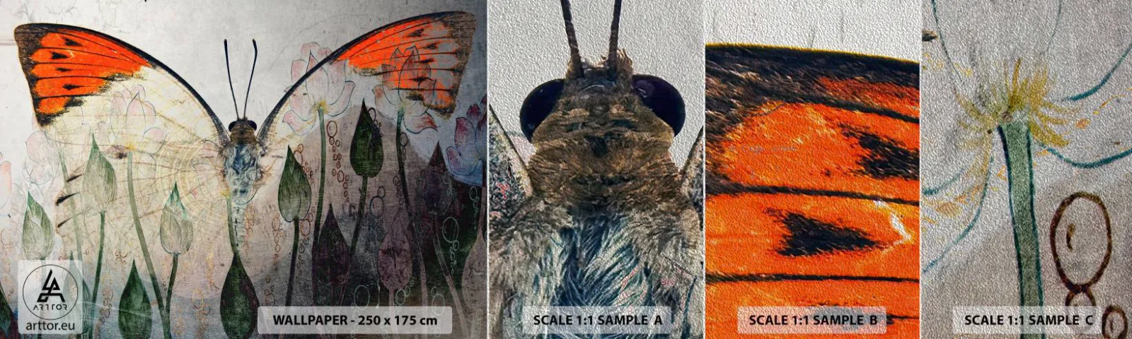 Vzorka fototapety Premium Sand - „Kde sa motýľ hojdá na tráve“ - Abstrakcia, Motýľ, Príroda - 100x30 cm