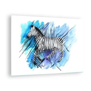 Obraz na skle - Zebra v umeleckej akvarelovej kompozícii na modrom pozadí - 70x50cm - Skrytá v prúžkoch - Moderná nástenná dekorácia do obývacej izby a spálne ARTTOR