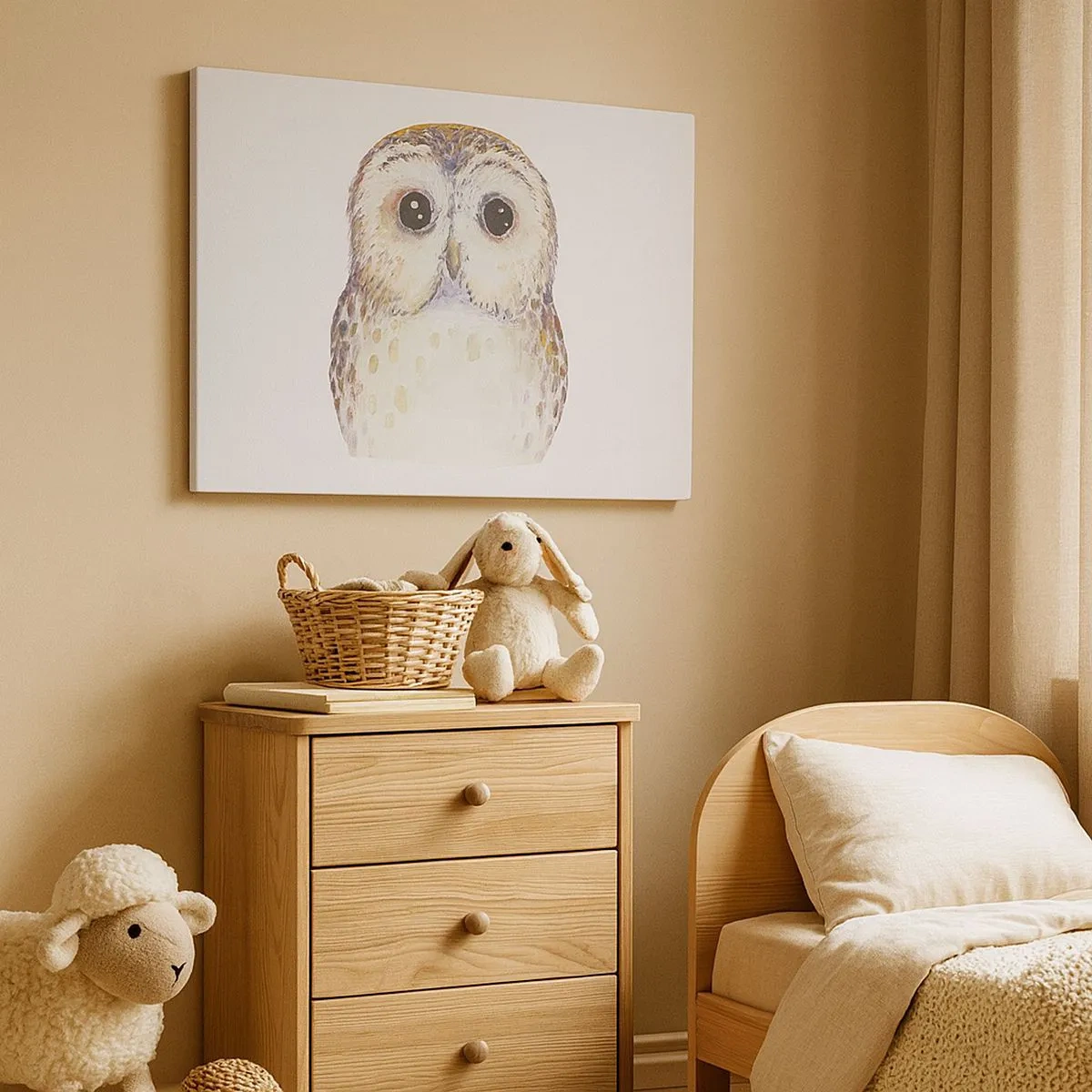 Obraz na plátne - Portrét sovy na svetlom pozadí s jemnými farbami - 70x50cm - Pozri sa mi do očí - Moderná nástenná dekorácia do obývacej izby a spálne ARTTOR