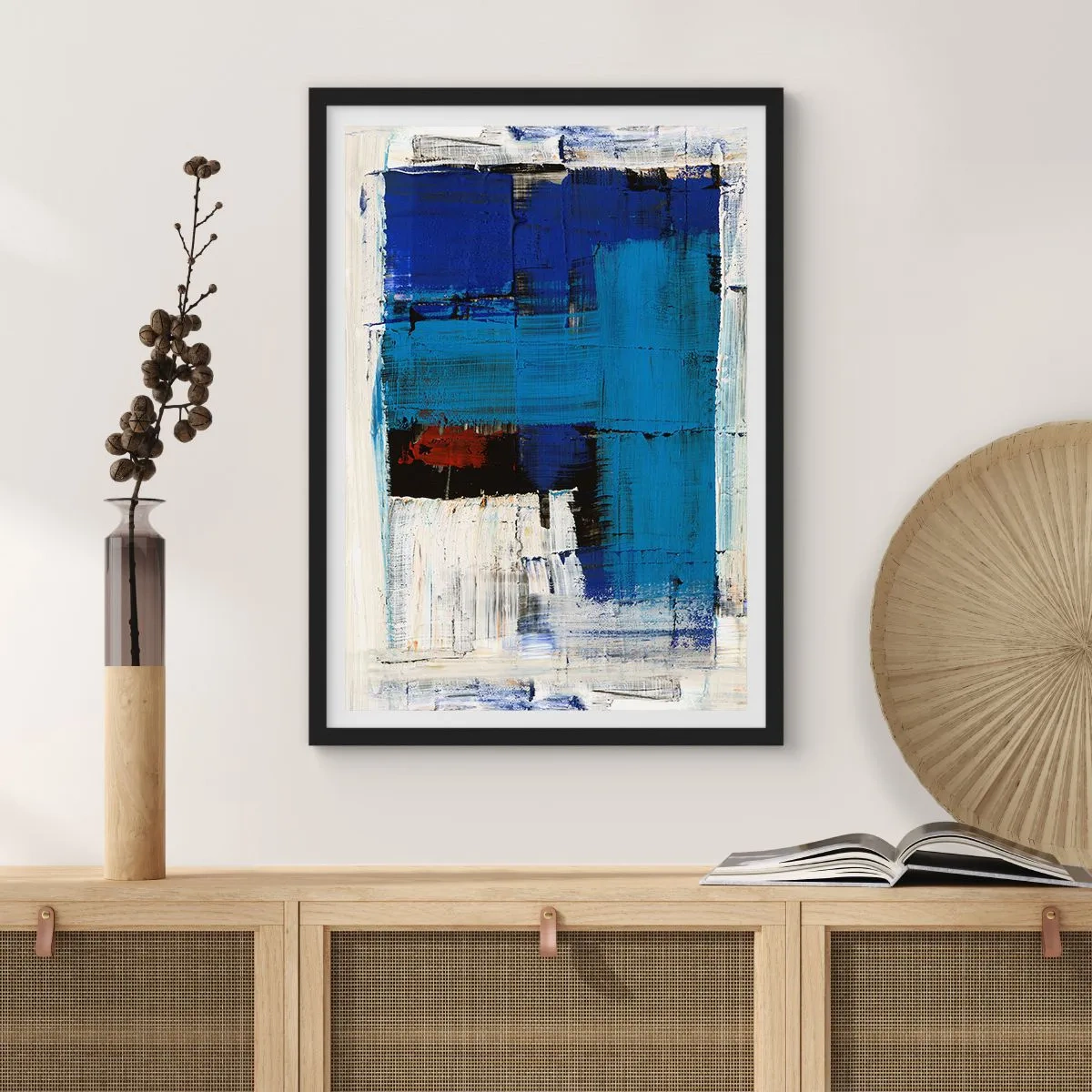 Plagát v čiernom ráme - Abstraktná kompozícia v odtieňoch modrej a bielej - 50x70cm - Tajomstvo modrej - Moderná nástenná dekorácia do obývacej izby a spálne ARTTOR