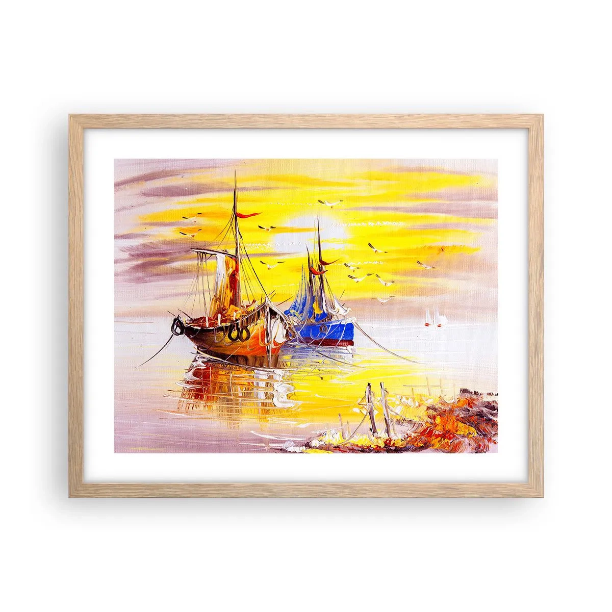 Plagát v ráme zo svetlého duba - Zaslúžený odpočinok v prístave - 50x40 cm