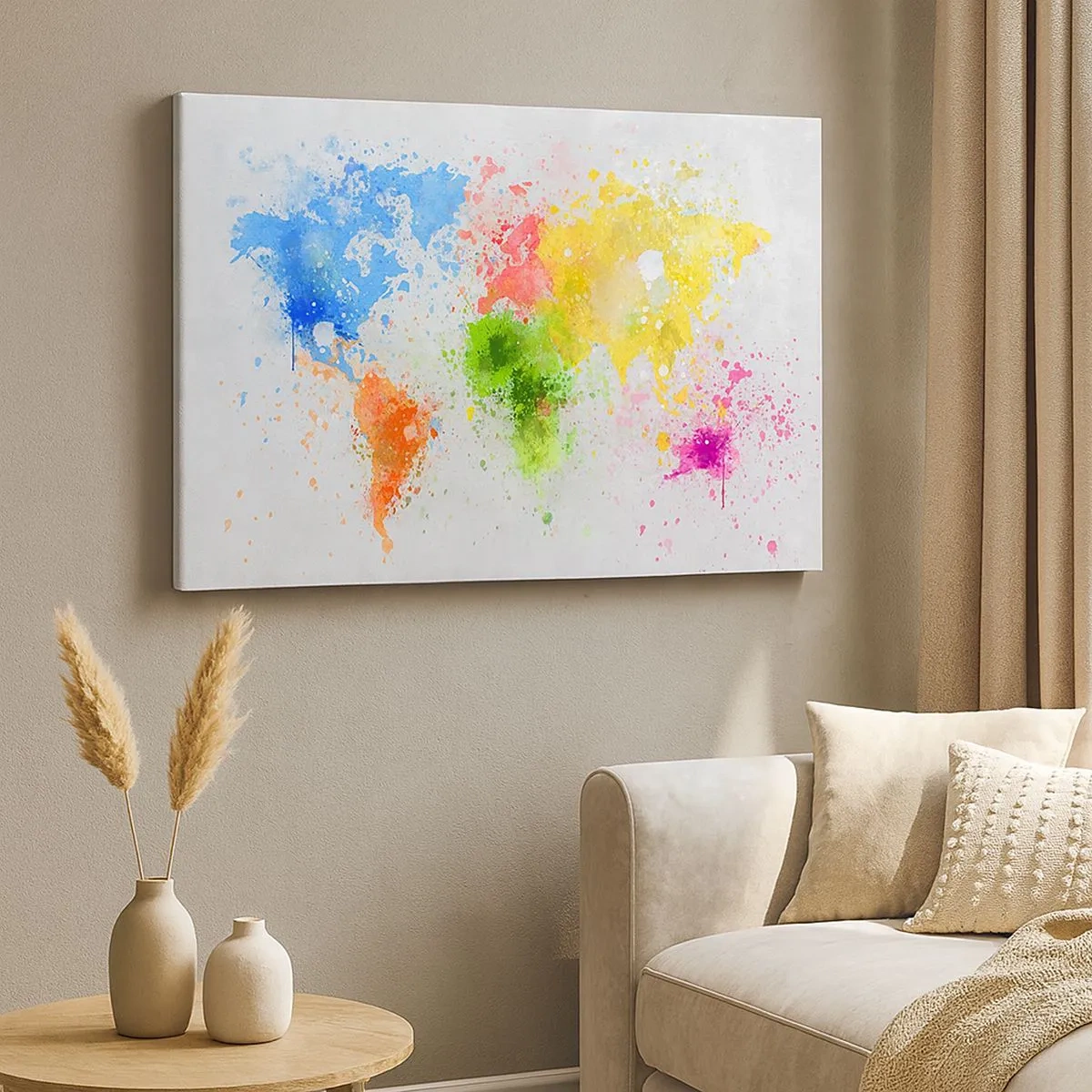 Obraz na plátne - Mapa sveta v farebnej akvarelovej interpretácii - 70x50cm - Všetky farby sveta - Moderná nástenná dekorácia do obývacej izby a spálne ARTTOR