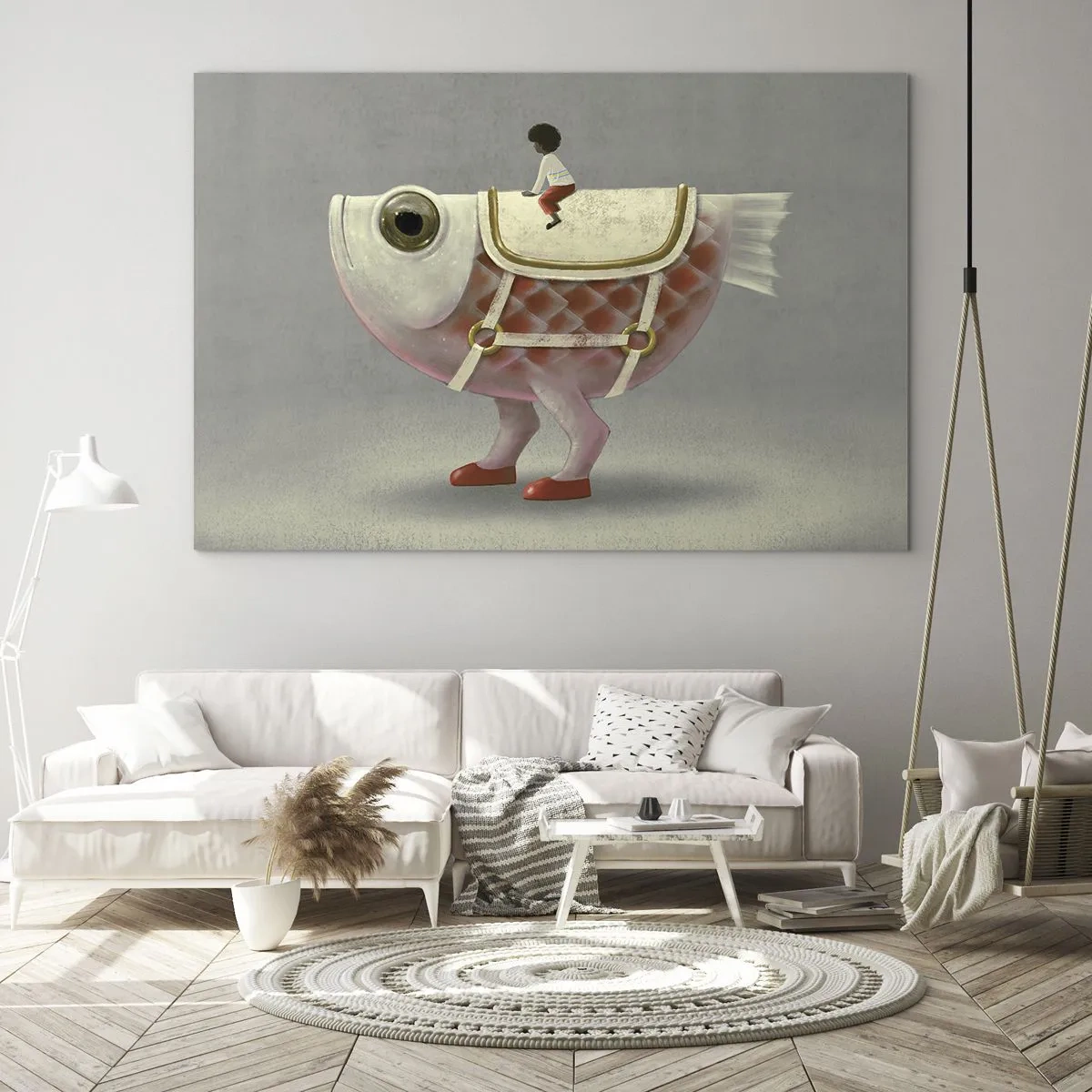 Obraz na skle - Postava jazdiaca na ružovej rybe s nohami a sedlom - 70x50cm - Rybí jazdec - Moderná nástenná dekorácia do obývacej izby a spálne ARTTOR