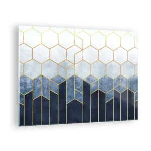 Obraz na skle - Geometrický vzor v zlatej a tmavomodrej farbe - 70x50cm - Kompozícia v synkopickom rytme - Moderná nástenná dekorácia do obývacej izby a spálne ARTTOR