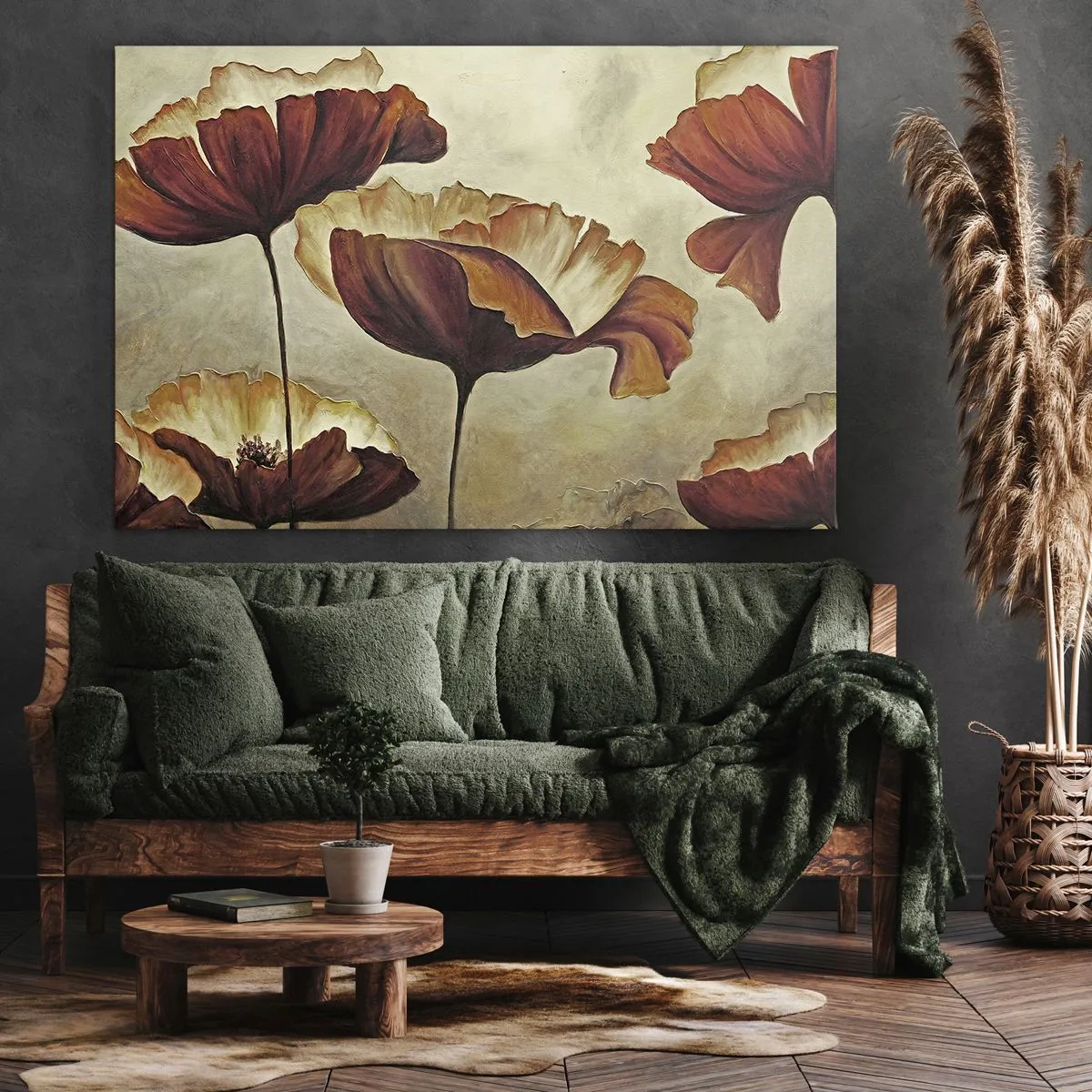 Obraz na plátne - Jemné kvety v odtieňoch červenej a zlatej na svetlom pozadí - 70x50cm - Lán lúky - Moderná nástenná dekorácia do obývacej izby a spálne ARTTOR