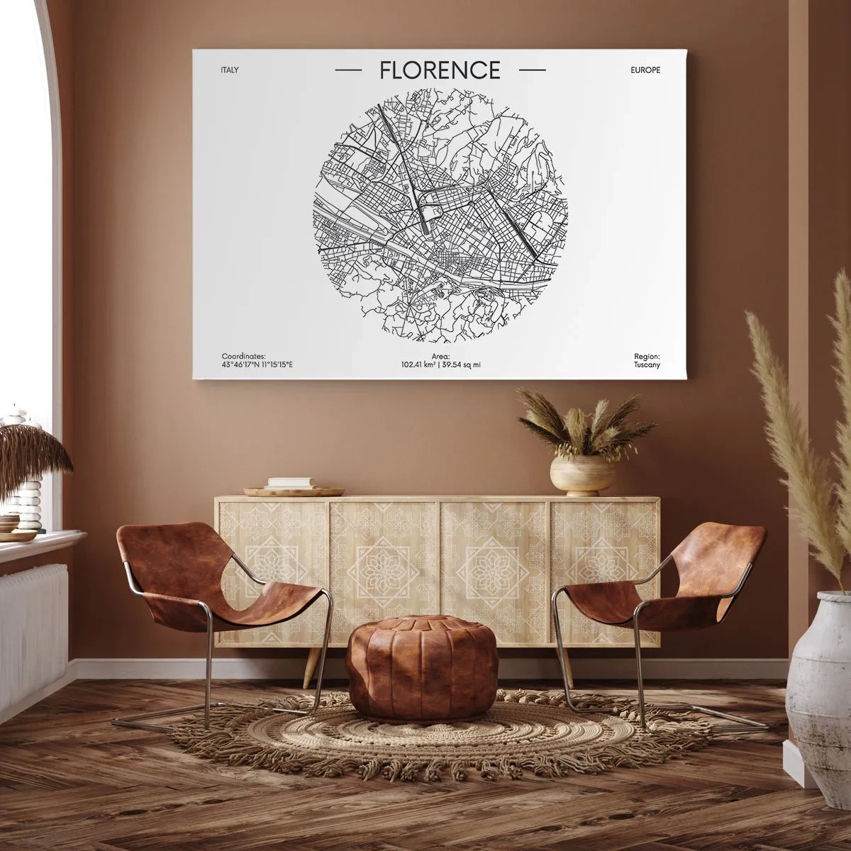 Obraz na plátne - Mapa Florencie v minimalistickom čiernobielom štýle - 70x50cm - Anatómia Florencie - Moderná nástenná dekorácia do obývacej izby a spálne ARTTOR