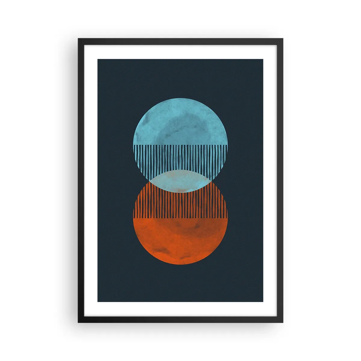 Plagát v čiernom ráme - Abstraktné kruhy v odtieňoch modrej a oranžovej - 50x70cm - Astronomická fantázia - Moderná nástenná dekorácia do obývacej izby a spálne ARTTOR
