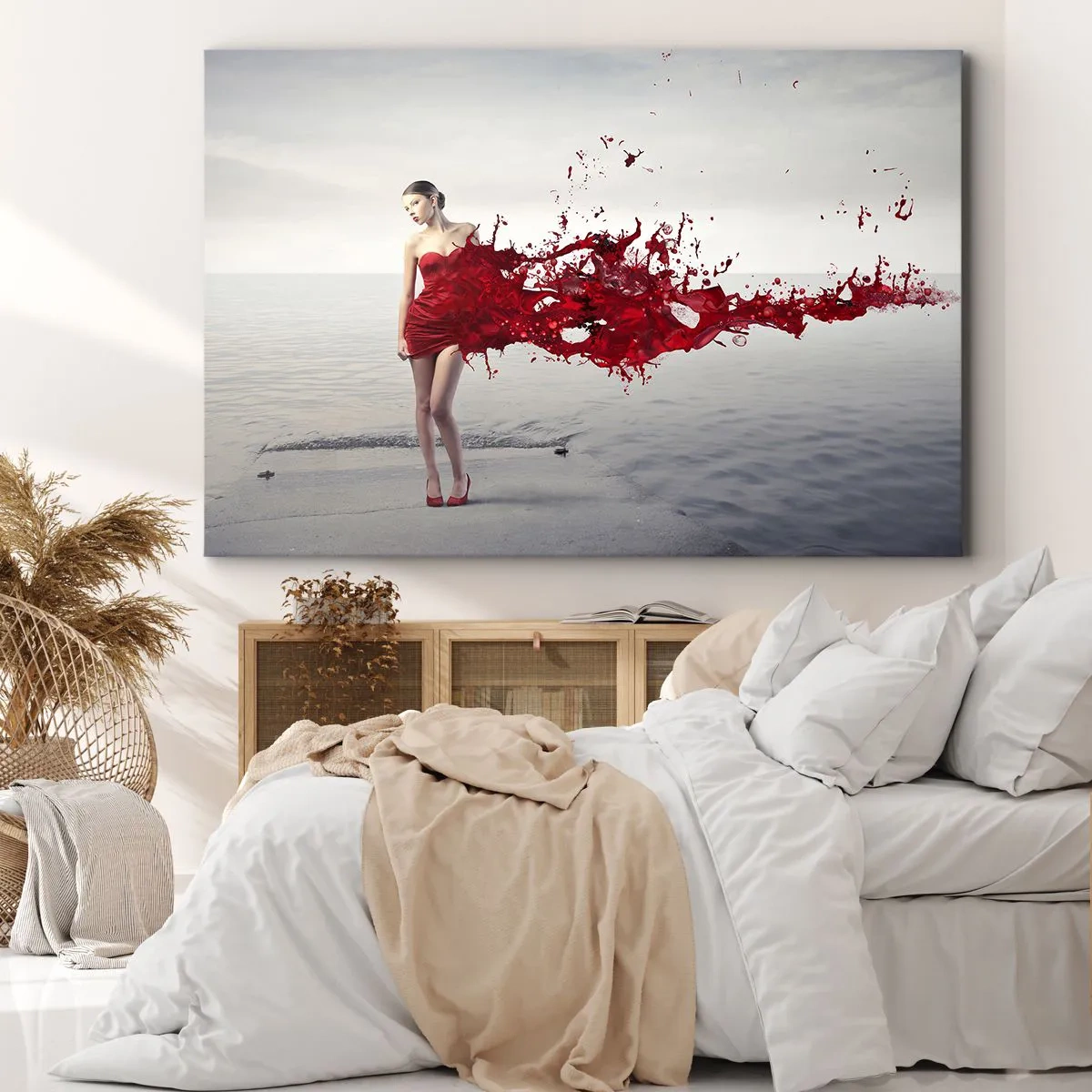 Obraz na plátne - Žena v červených šatách v umeleckej kompozícii pri vode - 70x50cm - Náruživá ako šarlátová - Moderná nástenná dekorácia do obývacej izby a spálne ARTTOR