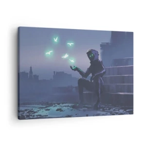 Obraz na plátne - Postava s kapucňou a magickými vtákmi na pozadí mesta - 70x50cm - Život sa vráti - Moderná nástenná dekorácia do obývacej izby a spálne ARTTOR