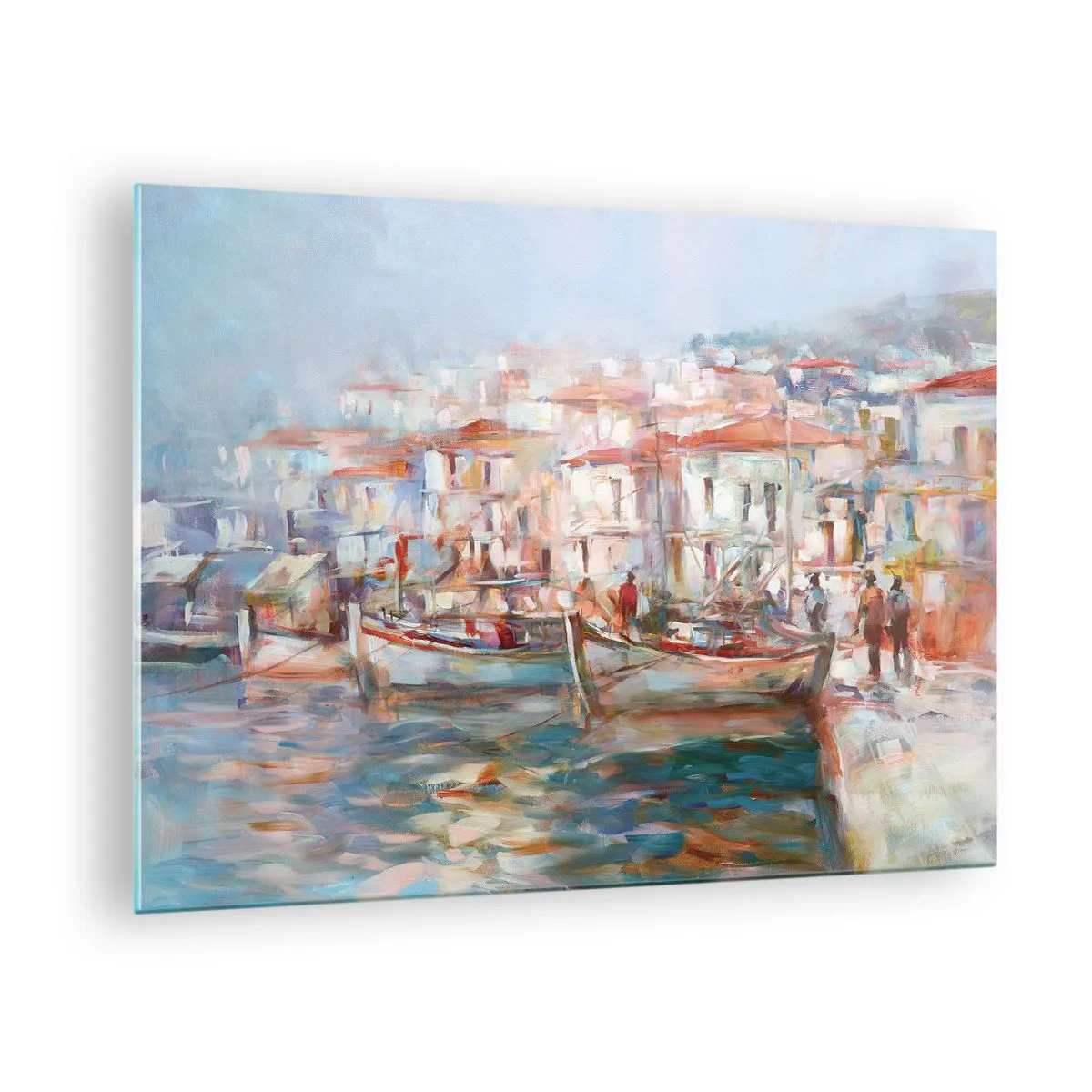 Obraz na skle - Malebný prístav s loďkami v pastelových farbách - 70x50cm - Pastelová dovolenka - Moderná nástenná dekorácia do obývacej izby a spálne ARTTOR