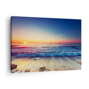 Obraz na plátne - Západ slnka nad pokojným morom s vlnami - 70x50cm - Čo je za obzorom? - Moderná nástenná dekorácia do obývacej izby a spálne ARTTOR