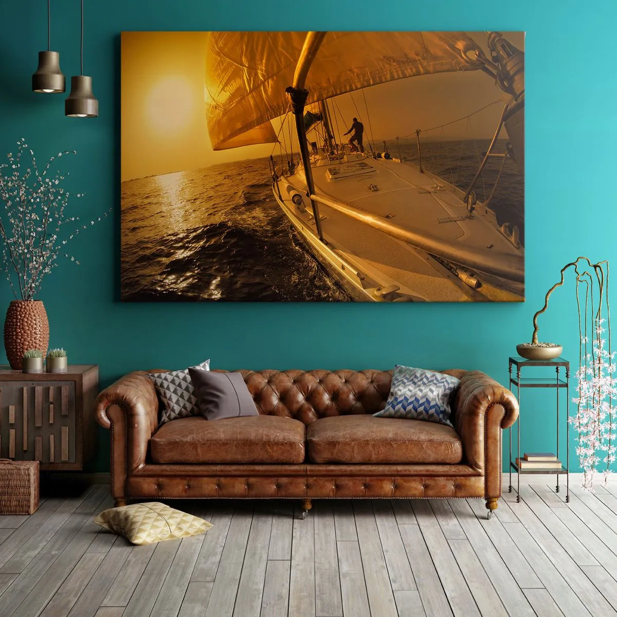 Obraz na plátne - Plachetnica na mori pri západe slnka, zlatá žiara. - 70x50cm - Zlatý večer po viacfarebnom dni - Moderná nástenná dekorácia do obývacej izby a spálne ARTTOR