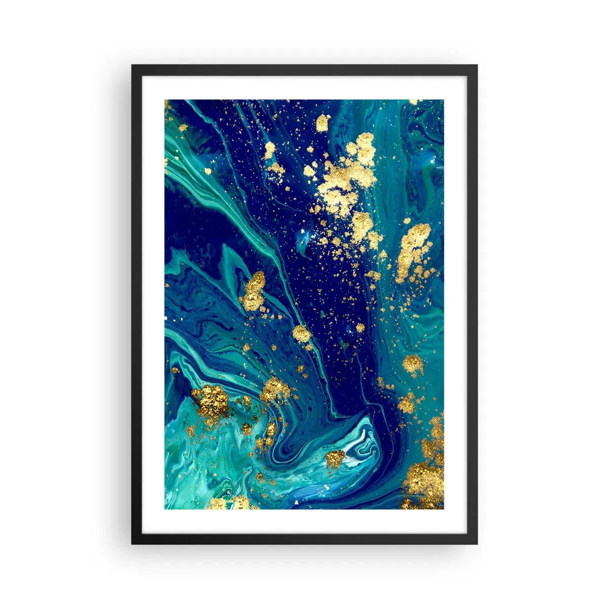 Plagát v čiernom ráme - Abstraktný vzor v odtieňoch modrej a zlatej - 50x70cm - Plátky slnka - Moderná nástenná dekorácia do obývacej izby a spálne ARTTOR