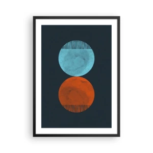 Plagát v čiernom ráme - Dva kruhy – modrý a oranžový na tmavomodrom pozadí - 50x70cm - Iba geometria? - Moderná nástenná dekorácia do obývacej izby a spálne ARTTOR