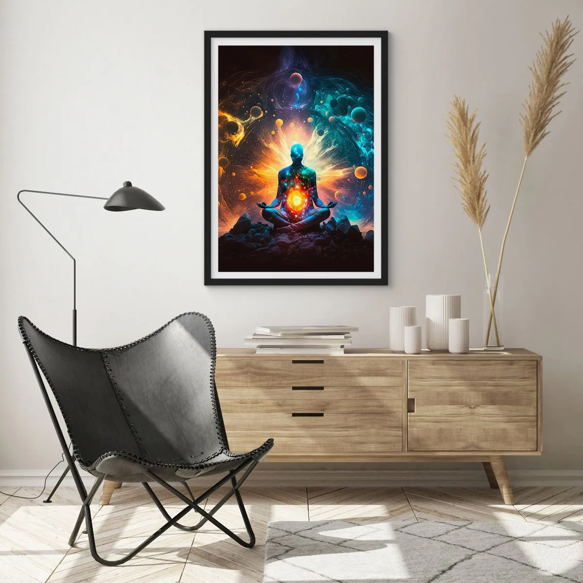 Plagát v čiernom ráme - Meditujúca postava v kozmickej aure plnej energie - 50x70cm - Vesmírny pokoj - Moderná nástenná dekorácia do obývacej izby a spálne ARTTOR