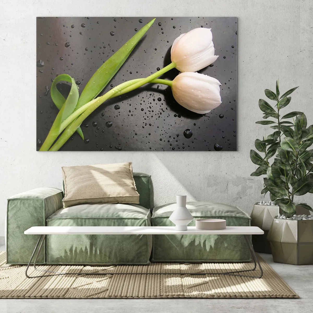Obraz na skle - Biele tulipány na pozadí s kvapkami vody - 70x50cm - Jarná väzba - Moderná nástenná dekorácia do obývacej izby a spálne ARTTOR