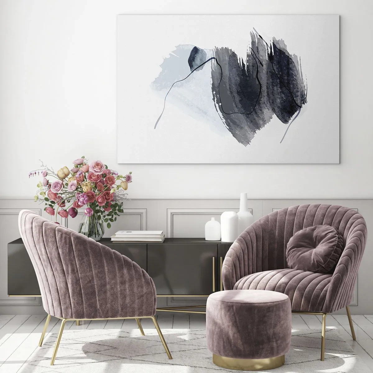 Obraz na skle - Abstraktná kompozícia v odtieňoch tmavomodrej a sivej - 70x50cm - Intenzita a pohyb - Moderná nástenná dekorácia do obývacej izby a spálne ARTTOR