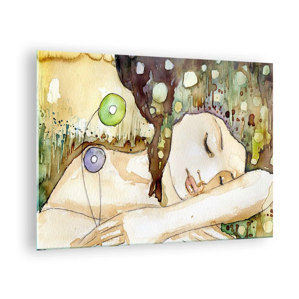 Obraz na skle - Spiaca žena na umeleckej akvarelovej maľbe v teplých farbách. - 70x50cm - Smaragdovo-fialový sen - Moderná nástenná dekorácia do obývacej izby a spálne ARTTOR