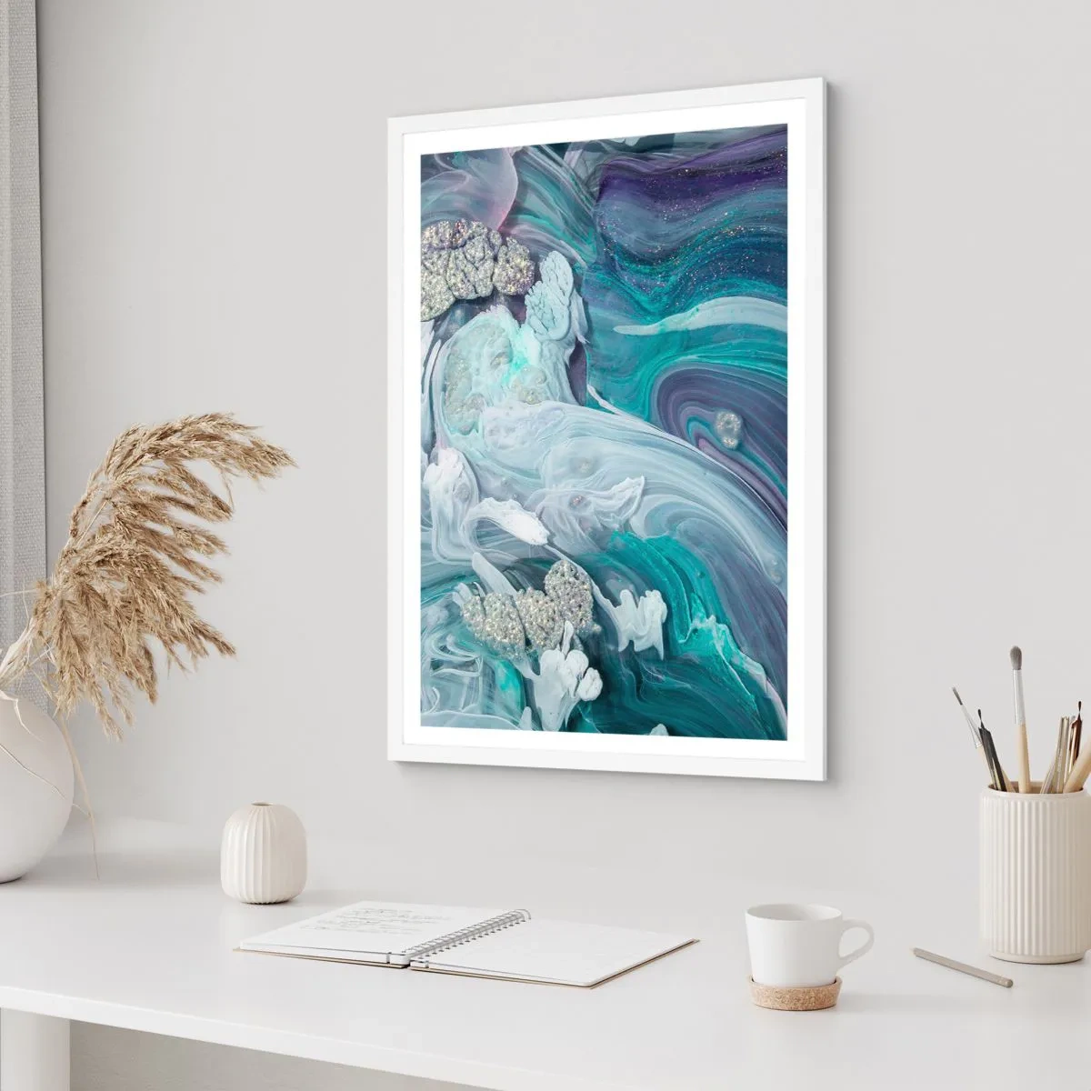 Plagát v bielom ráme - Prúdy modrej - 70x100 cm