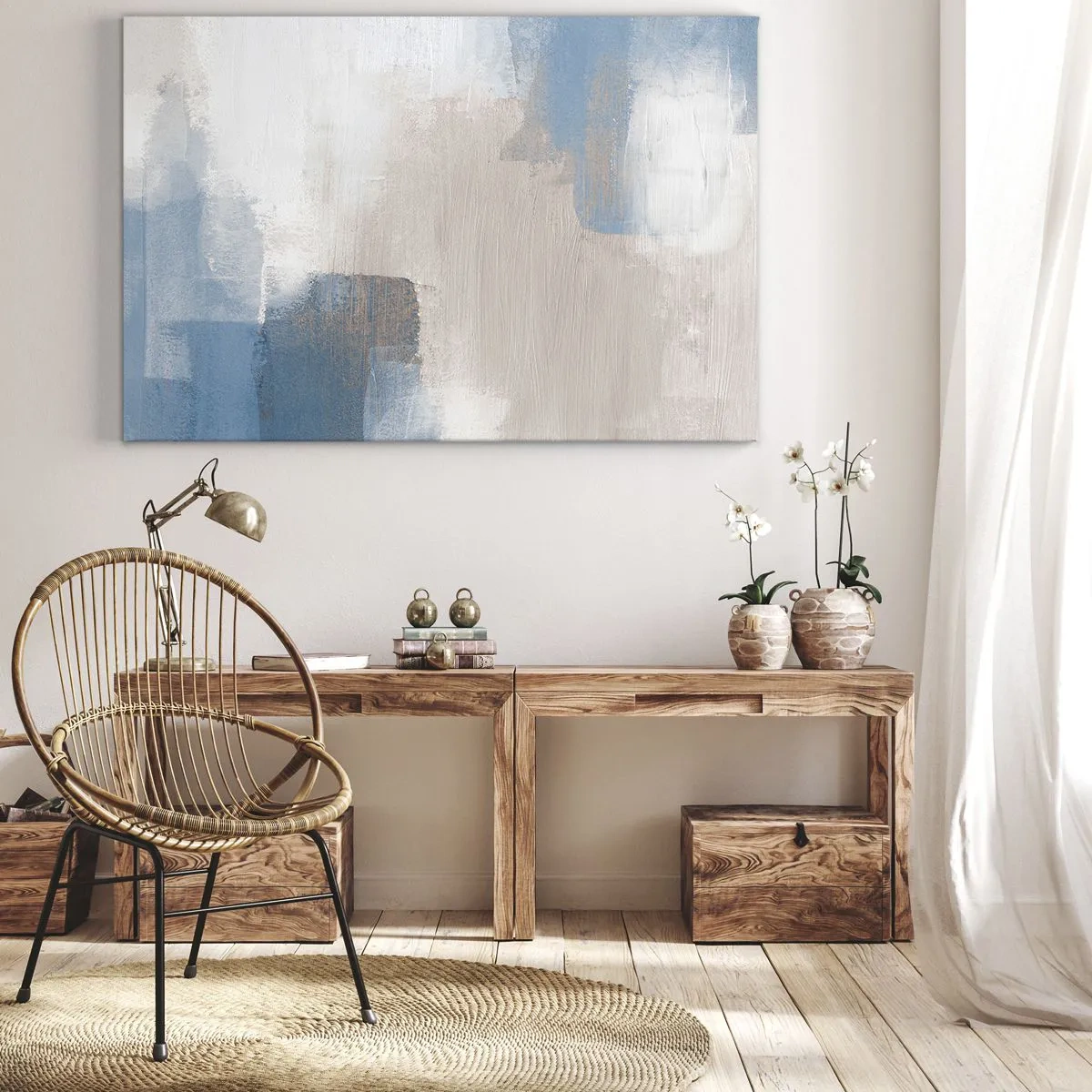 Obraz na plátne - Abstraktné tvary v odtieňoch modrej a béžovej - 70x50cm - Ružová abstrakcia za modrým závojom - Moderná nástenná dekorácia do obývacej izby a spálne ARTTOR