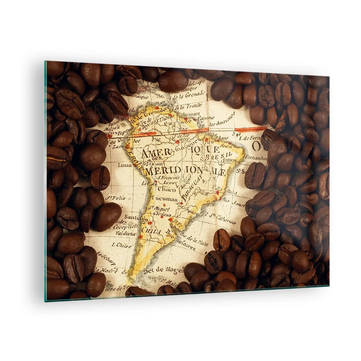 Obraz na skle - Mapa Južnej Ameriky obklopená kávovými zrnami. - 70x50cm - Odkiaľ je najlepšia káva? - Moderná nástenná dekorácia do obývacej izby a spálne ARTTOR