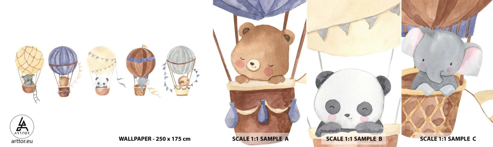 Vzorka samolepiacej fototapety Deluxe Sticker - Priatelia na cestách - Balóny, Zvieratá, Detský - 100x30 cm