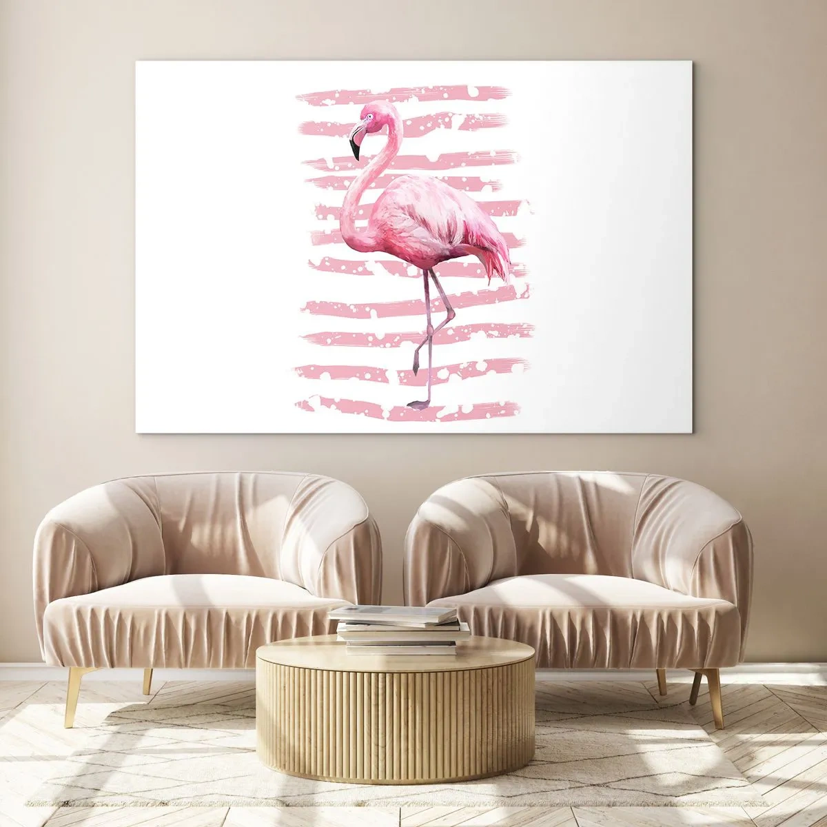 Obraz na skle - Ružový plameniak na pozadí umeleckých ružových pruhov. - 70x50cm - Dôstojne, aj keď v ružovej - Moderná nástenná dekorácia do obývacej izby a spálne ARTTOR