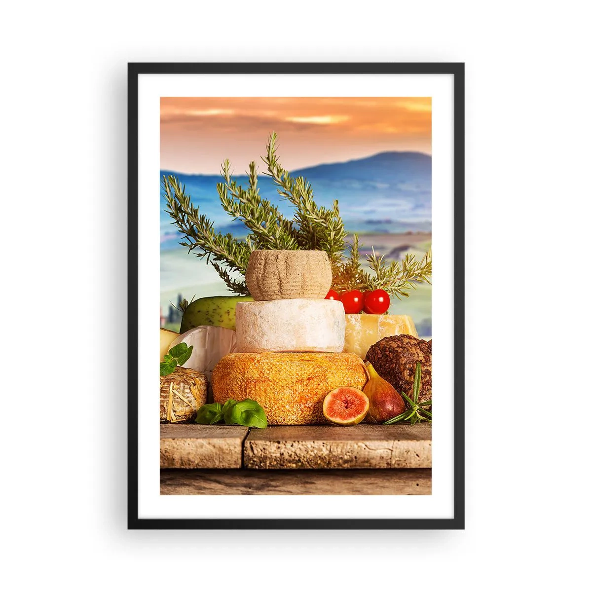 Plagát v čiernom ráme - Rustikálny stoh syrov na pozadí krajiny - 50x70cm - Talianska radosť zo života - Moderná nástenná dekorácia do obývacej izby a spálne ARTTOR